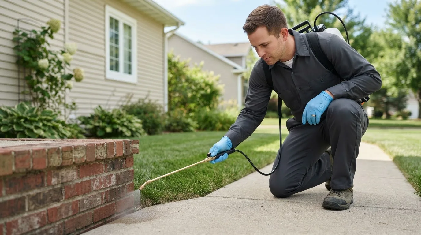 Pest control technician treating a home near Mecca, IN