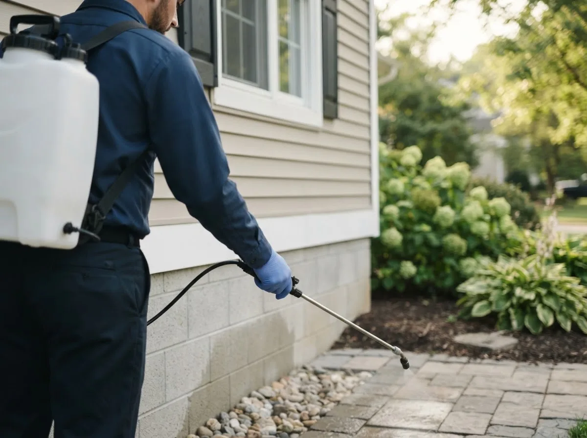 Pest control technician inspecting a home in Mecca, IN